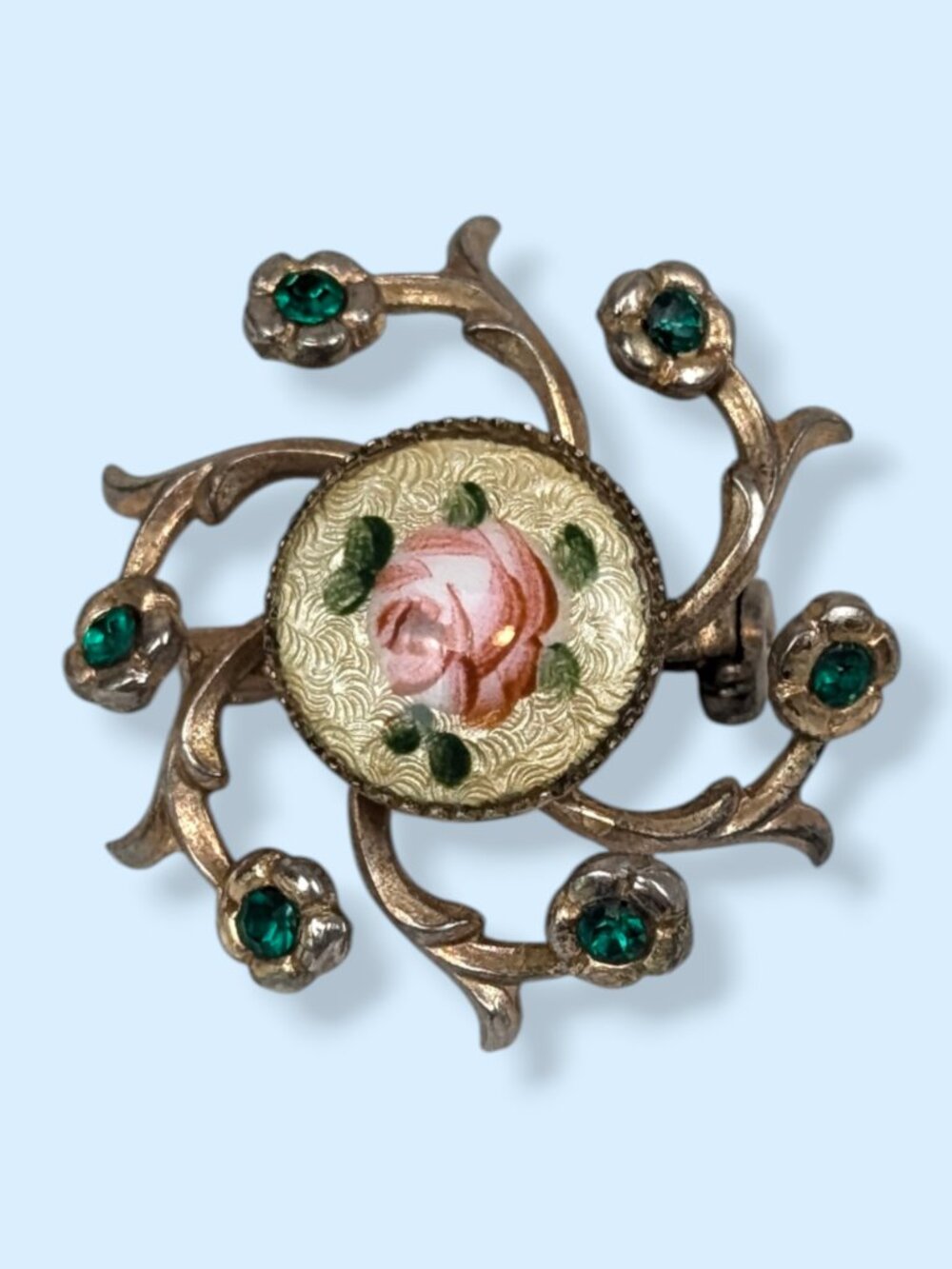 V. Green Rhinestone Floral Cloisonne Brooch